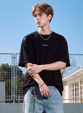 短袖T恤男夏季肩部活页纽扣简约绣花廓形宽松体恤OT7296-P35控65