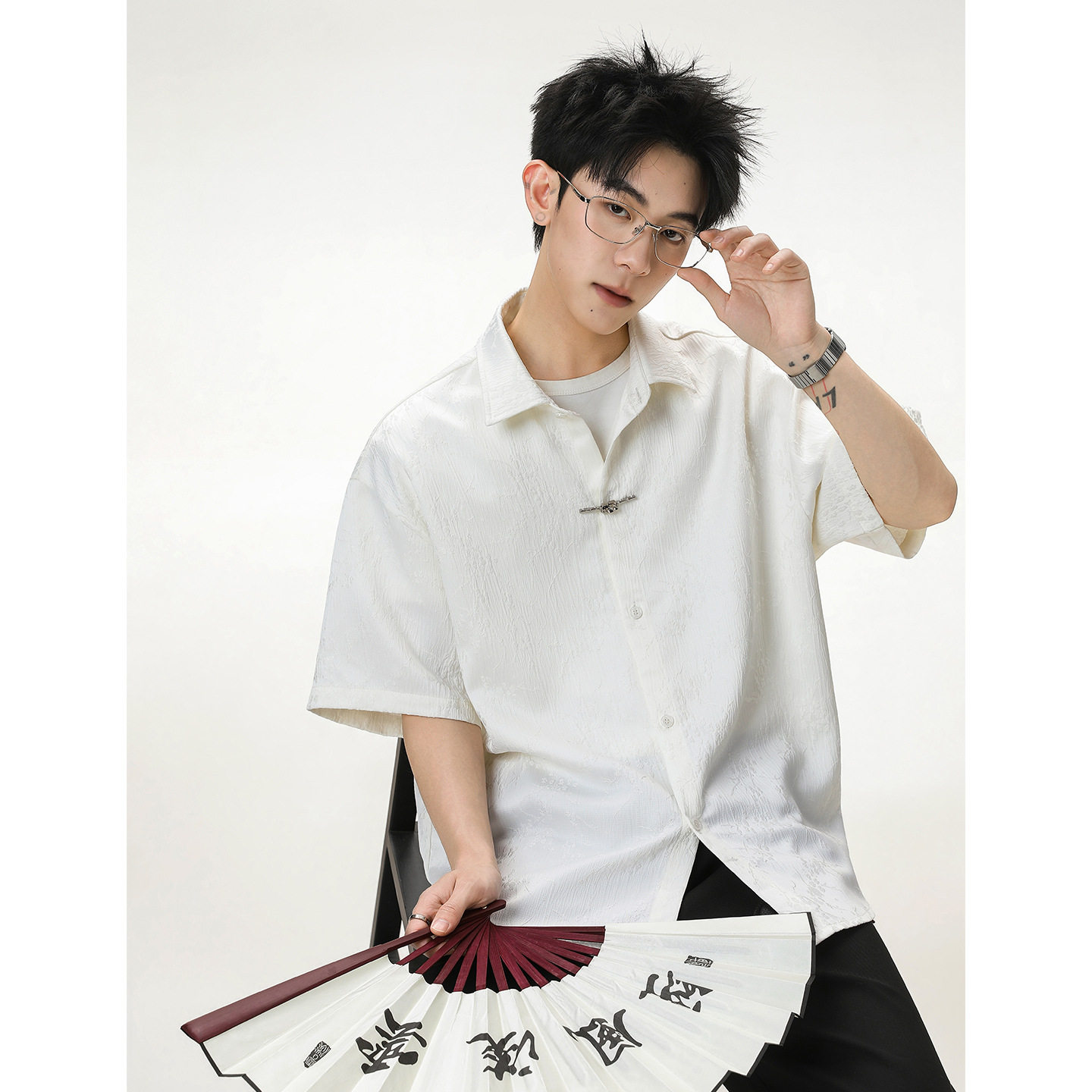 男夏季透气款梅花肌理金属一字扣宽松休闲衬衣OC7289-P38控68，男装衬衫，电商A362