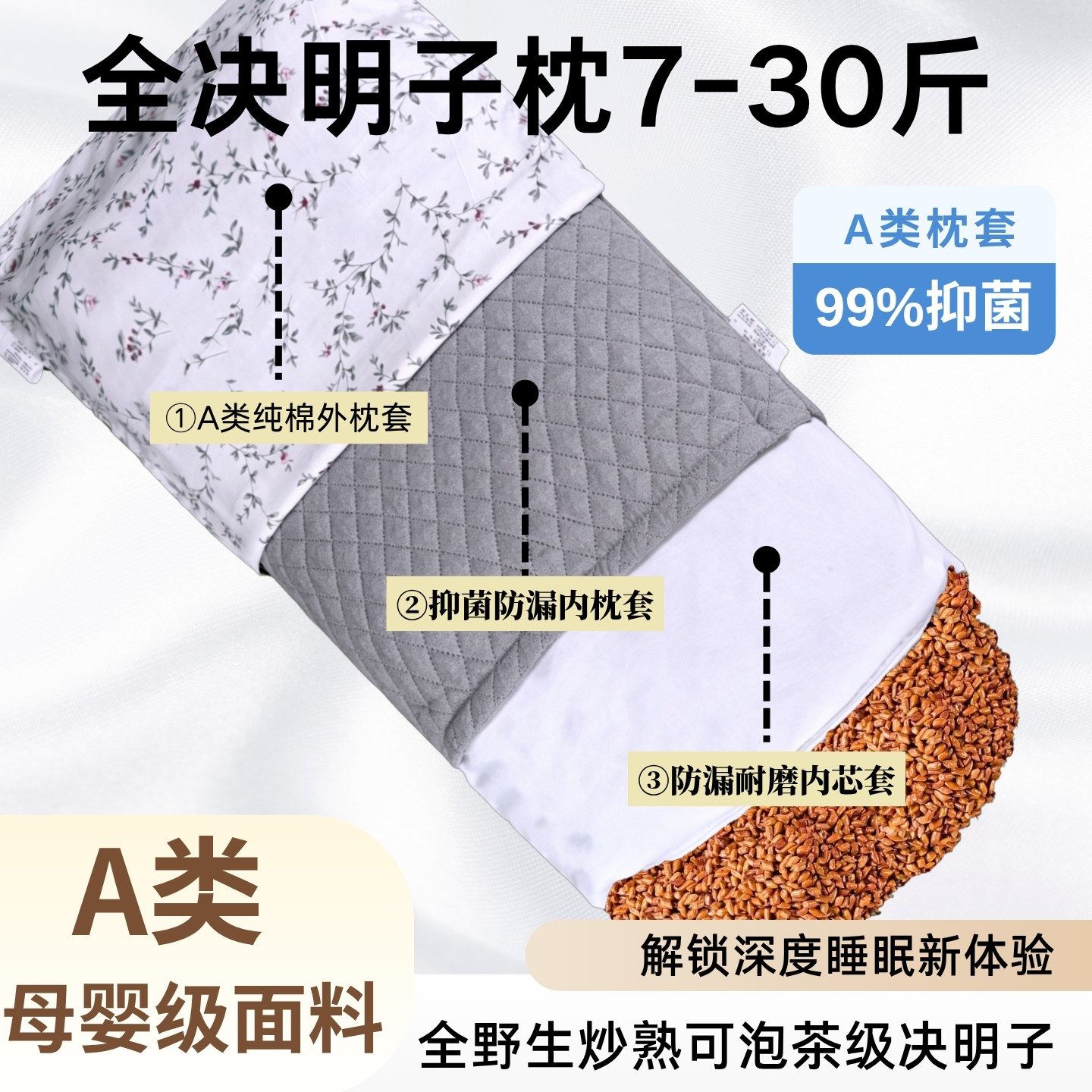 纯决明子枕头全填充斤送纯棉枕套