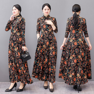 妈妈装 气质减龄显瘦打底裙子 改良旗袍连衣裙女2023秋冬新款