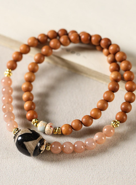 国风天然太阳石拼接老山檀香紫檀木手串双圈小众新中式气质手链