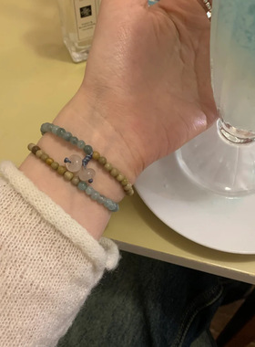 新中式檀木珠拼接蓝翡石手串天然石手链女款小众国风2025新款手饰
