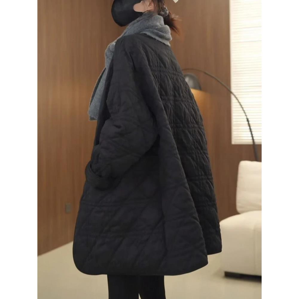 高级感洋气菱格夹棉轻薄棉服气质女装设计感慵懒风中长款棉衣外套