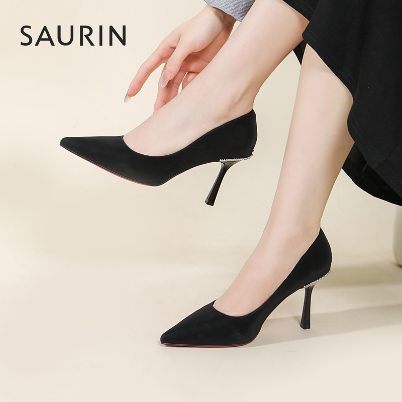 索兰黑色尖头高跟工作单鞋
