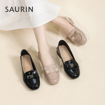 索兰乐福鞋粗跟浅口单鞋