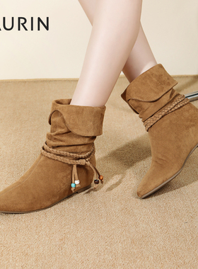 索兰西部靴女2025秋冬复古尖头内增高堆堆靴美拉德短靴25DH28502