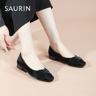 索兰女鞋2025秋季新款法式复古舒适通勤方头浅口单鞋女24CN81104