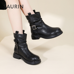 索兰厚底短靴2025冬季新款复古皮带扣粗跟西部马丁靴女25DX55527