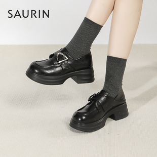 索兰乐福鞋女2026春季新款学院风小皮鞋魔术贴粗跟单鞋26AX65125