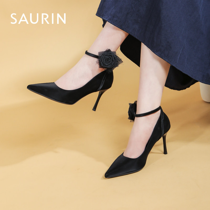 索兰法式黑色尖头细高跟单鞋女