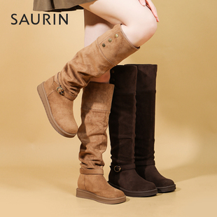 索兰堆堆靴女2025秋冬新款西部牛仔靴厚底长筒骑士靴子25DX59564