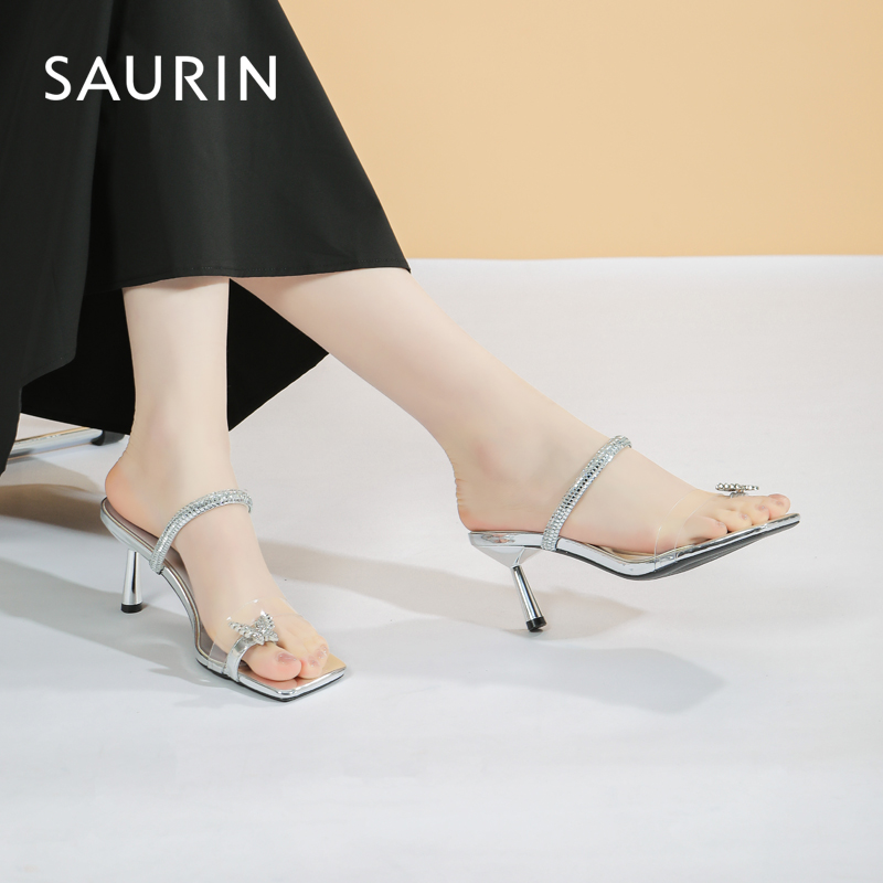 索兰水钻蝴蝶套趾高跟凉拖鞋