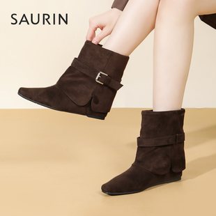 索兰短靴女2025冬季新款法式复古内增高美拉德瘦瘦靴25DH39519