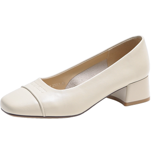 索兰粗跟单鞋2024秋季新款复古温柔舒适方头一脚蹬女鞋24CT31171