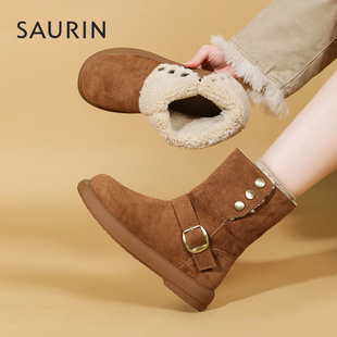 索兰雪地靴女2025秋冬新款加绒短靴毛毛翻边加厚棉鞋子25DX59523