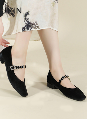索兰玛丽珍女鞋2024秋季新款法式复古一字扣方头低跟单鞋24CN8183
