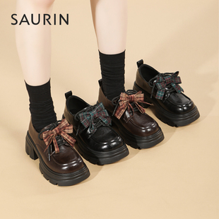 索兰厚底乐福鞋女2026春季新款复古英伦蝴蝶结粗跟单鞋26AX45112