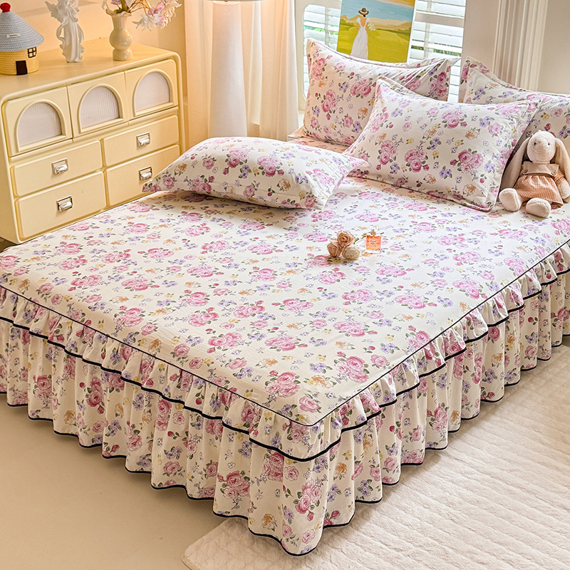 新款床单双层花边单件床罩席梦思席梦思防滑保护套床裙三件套床笠