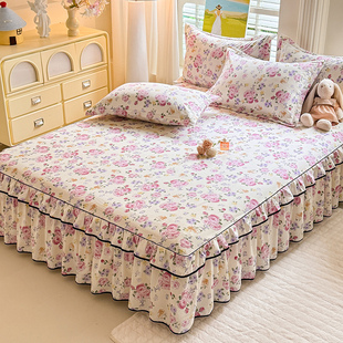 新款 床单双层花边单件床罩席梦思席梦思防滑保护套床裙三件套床笠