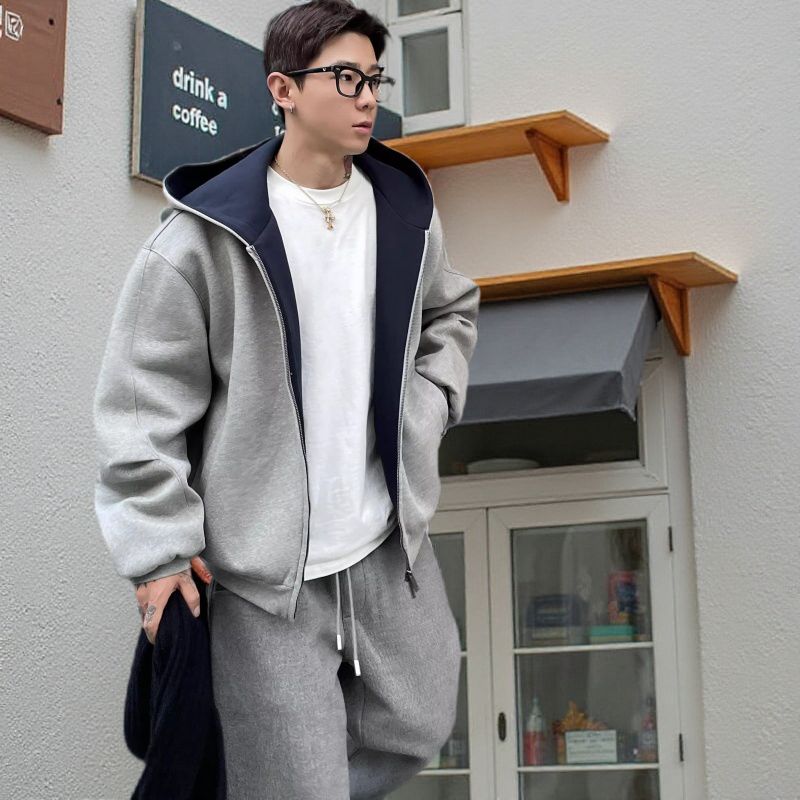 重磅潮牌春秋卫衣男女美式复古廊形情侣连帽衫高街撞色休闲外套