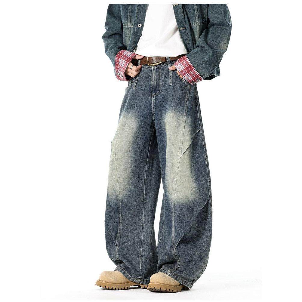 复古蓝高街宽松阔腿牛仔裤女美式复古设计感高腰垂感弯刀拖地裤子,男装,牛仔裤,淘宝优惠券,粉丝福利购,淘宝优惠卷