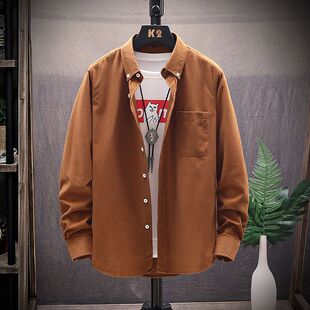 红色衬衫男酒红色纯色初中学生休闲寸衫灯芯绒薄款外套潮牌衬衣服