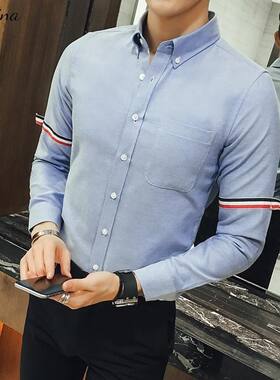 长袖衬衫男士春秋款韩版潮流修身外套男生西装内搭翻领条纹衬衣服