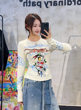 烫钻打底衫女美式老虎与蛇修身弹力上衣显瘦短款甜酷辣妹长袖T恤