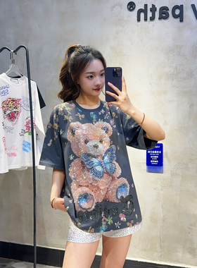 轻奢潮牌夏小熊短袖女宽松圆领甜酷重工烫钻花朵闪亮高货百搭T恤