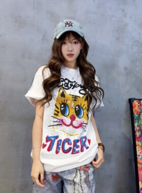 奢潮牌卡通呆萌小老虎烫钻T恤女白色潮流大版宽松休闲上衣男短袖
