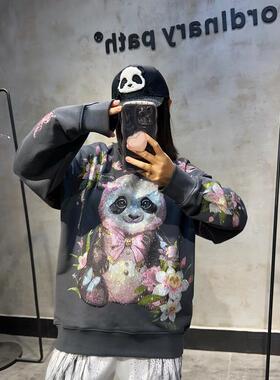 轻奢潮牌熊猫圆领打底衫鲜花朵国潮新中式设计感个性重工烫钻卫衣