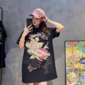 潮牌爱心玫瑰花烫钻中长款 T恤裙宽松镭射钻亮晶晶显瘦甜酷连衣裙