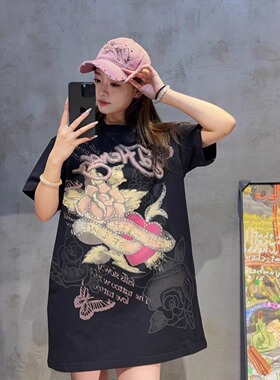 潮牌爱心玫瑰花烫钻中长款T恤裙宽松镭射钻亮晶晶显瘦甜酷连衣裙