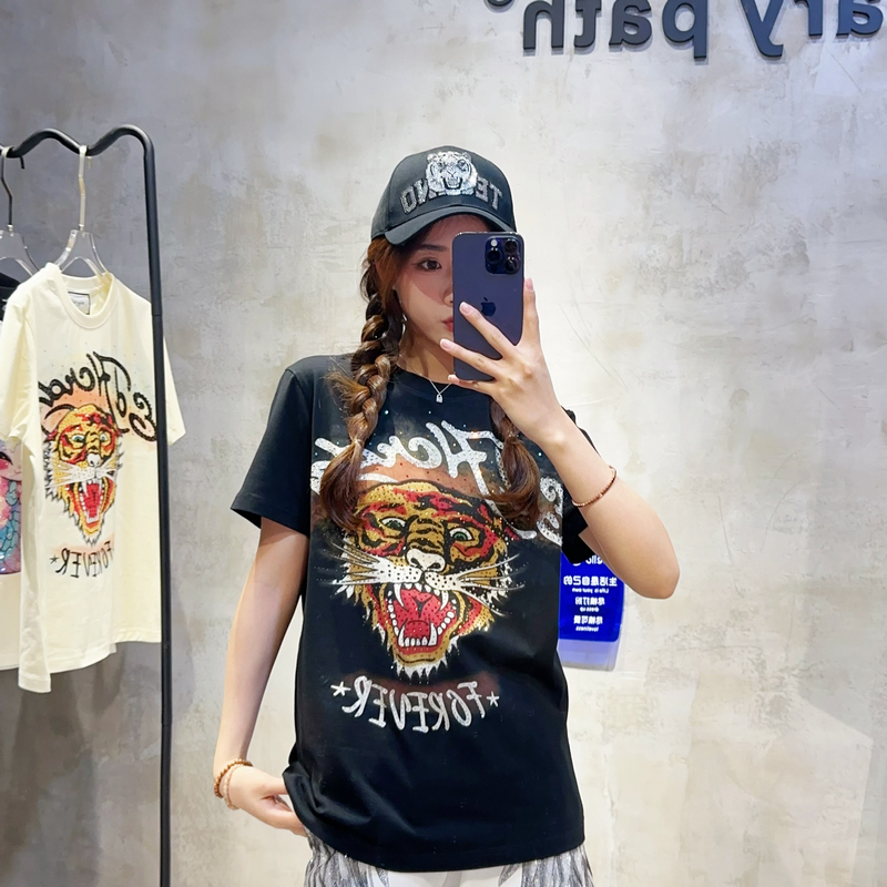 春夏潮牌美式复古彩虹老虎头烫钻男女中性街头短袖潮流基础款T恤