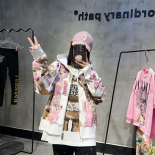 潮牌春秋款连帽拉链开衫卫衣暴力小熊烫钻印花多巴胺可爱休闲外套