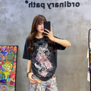 烫钻短袖潮女复古刺青印花玫瑰花甜酷洗水做旧破坏水钻南油T恤TEE