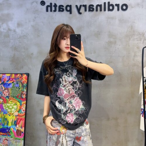 潮美式甜酷水钻玫瑰印花短袖TEE