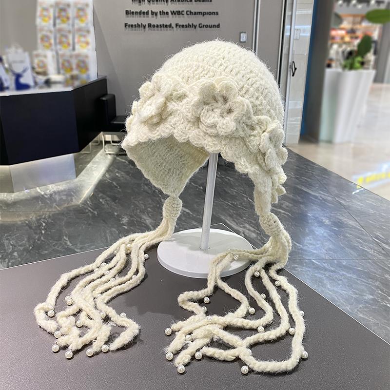 手工钩织立体花朵流苏套头帽子女