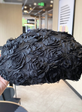 韩版复古玫瑰花黑色前进帽女款春夏百搭时尚鸭舌帽潮可反戴贝雷帽