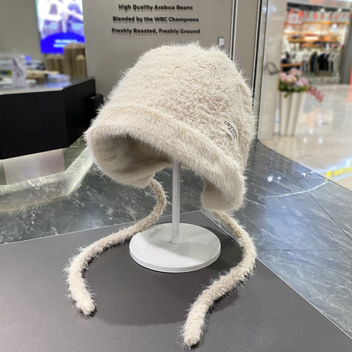 冬季双面戴毛绒绑带护耳帽女保暖