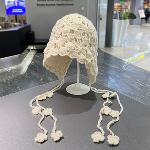 手工钩织流苏套头帽子女秋冬新款保暖百搭包头帽针织毛线帽显脸小