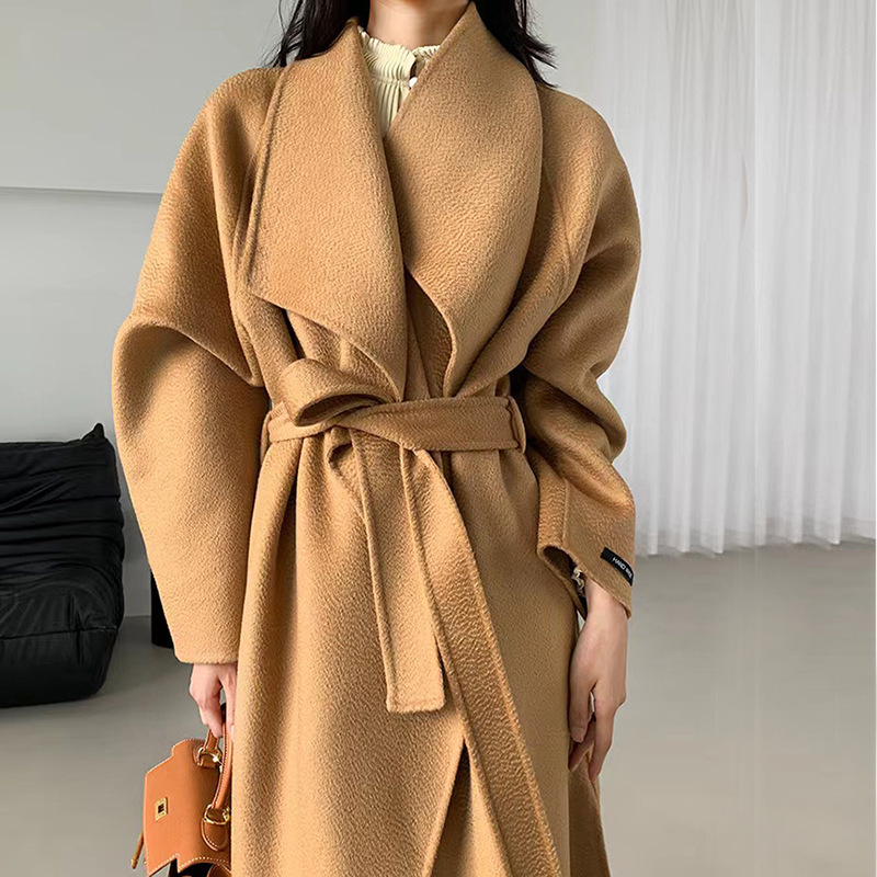 2025新款水波纹双面羊毛呢大衣羊毛宽松系带款加长款外套女秋冬