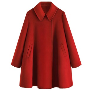 23年复古红色斗篷双面羊绒大衣女小个子通勤气质A版羊毛呢子外套