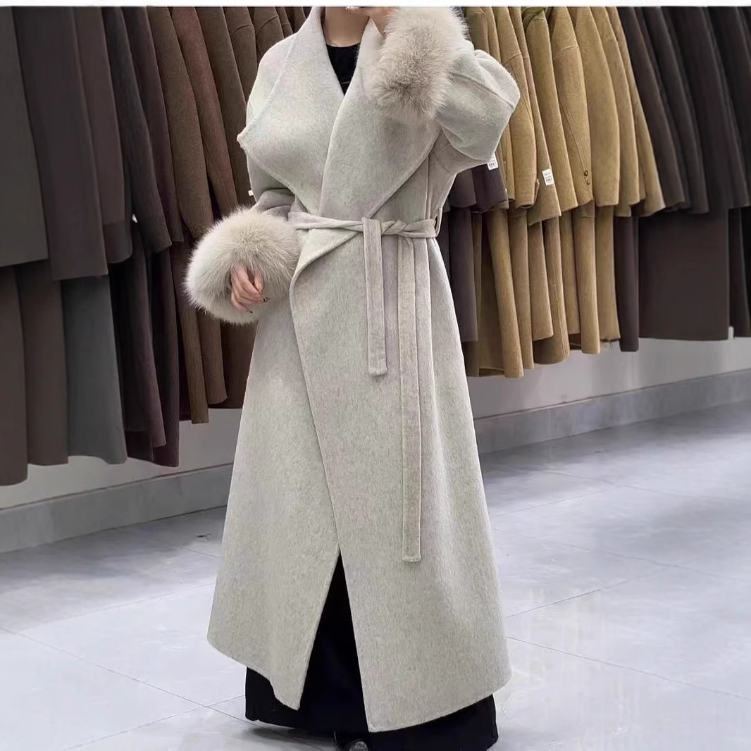 加长款狐狸毛2024秋冬新款双面羊毛大衣高端大翻领宽松毛呢外套