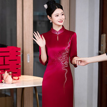 喜婆婆礼服五月结婚妈妈装新中式旗袍婚宴装高端醋酸酒红长款大码