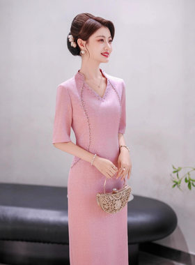 2025新款大码醋酸提花暗纹现代女装喜妈妈旗袍喜婆婆婚宴礼服连衣