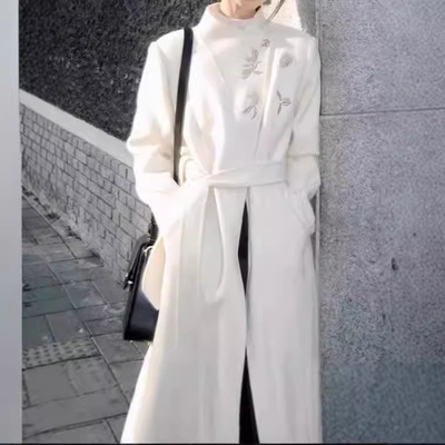 秋冬高级感双面羊绒大衣女气质新中式中国风绣花中长款羊毛呢外套