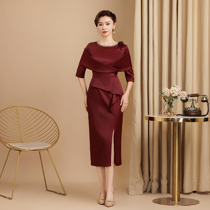 女装新小个子红色妈妈裙子礼服喜婆婆婚宴婚礼丈母娘结婚连衣裙