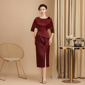 女装 新小个子红色妈妈裙子礼服喜婆婆婚宴婚礼丈母娘结婚连衣裙