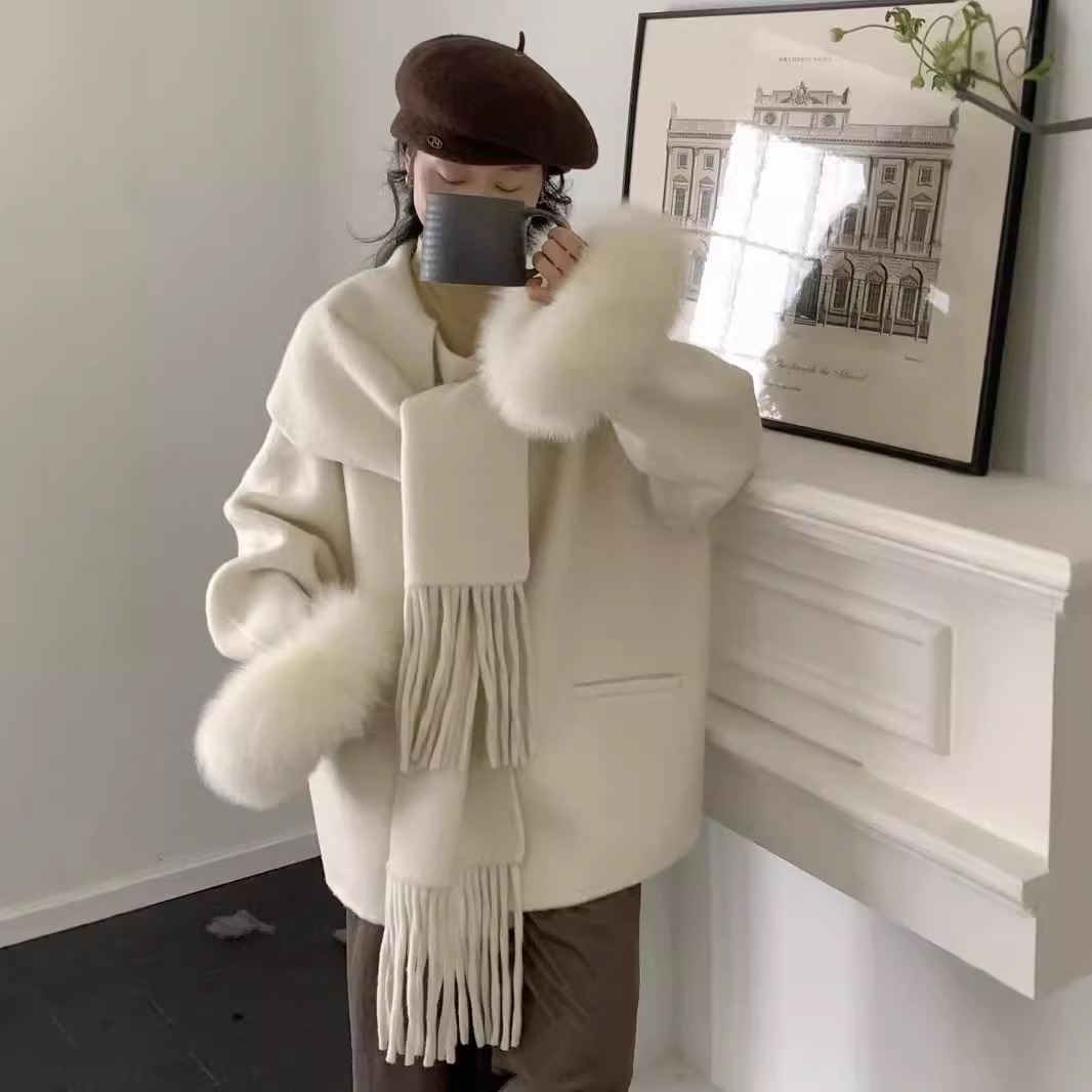双面羊绒大衣2025秋冬新款女中长款千金围巾狐狸毛高级斗篷外套